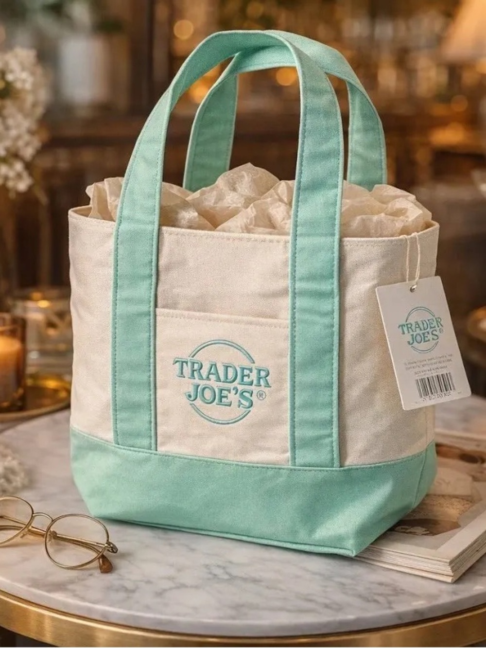 Trader Joe's Mini Pastel Canvas Tote Bag Green